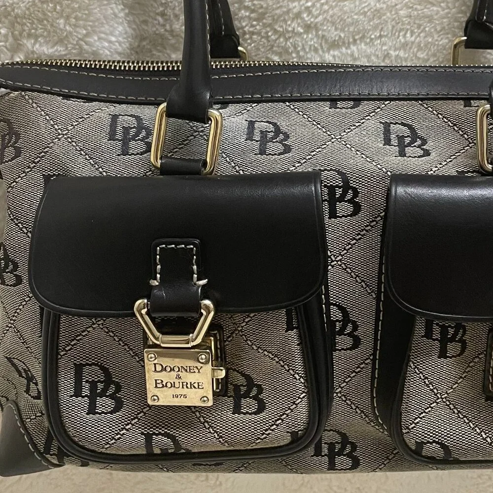 Dooney & Bourke Black/Grey Double Pocket Canvas/Leather Quilted Pattern Satchel - Picture 11 of 14